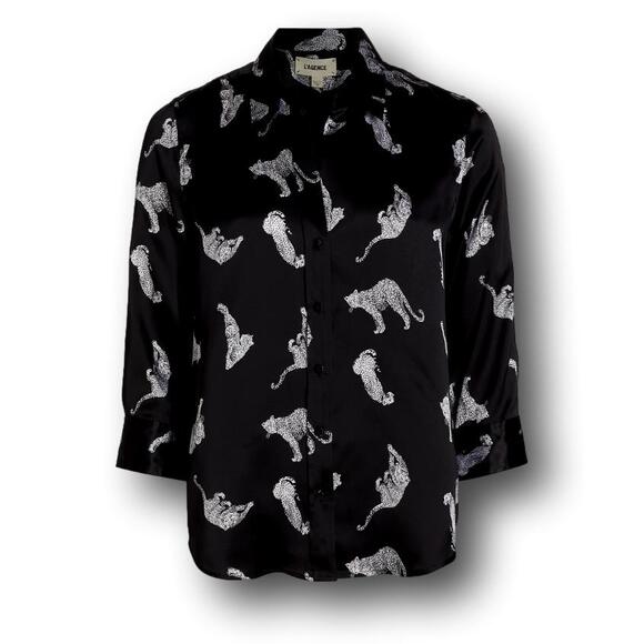 L’Agence Tyler Silk Leopard Cat Print Button Down Shirt Blouse Black  Large NWT - Picture 1 of 13